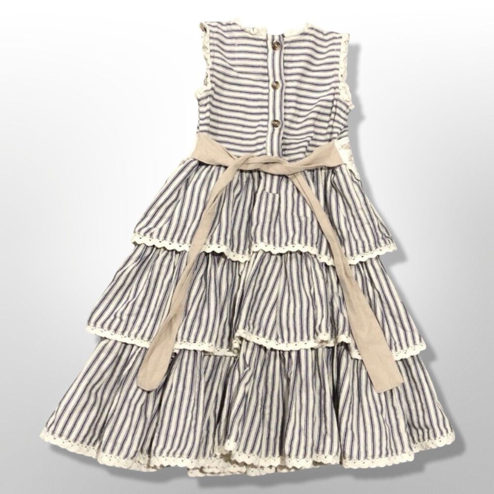 Mustard Pie Little Prim Felicity Dress Girls 2T Ticking Stripe Ruffle Lace - Picture 2 of 4